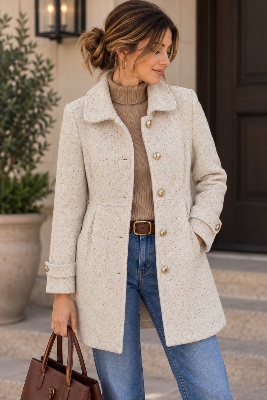 Johnston & Murphy Wool Blend Coat Size M - Cream Gold Metallic Fleck Tweed